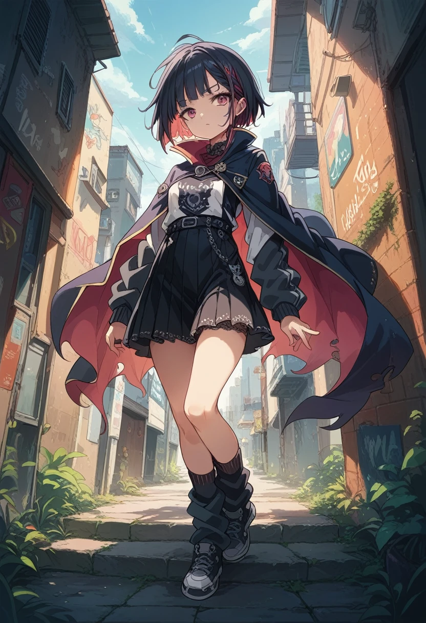 1 girl(short cut)(Border Gangster Subculture Cat Punk Knit,Dark Cape,flare skirt,Gothic Lace-up Leg Warmers)(A girl stands in front of a brick wall and wing graffiti.)