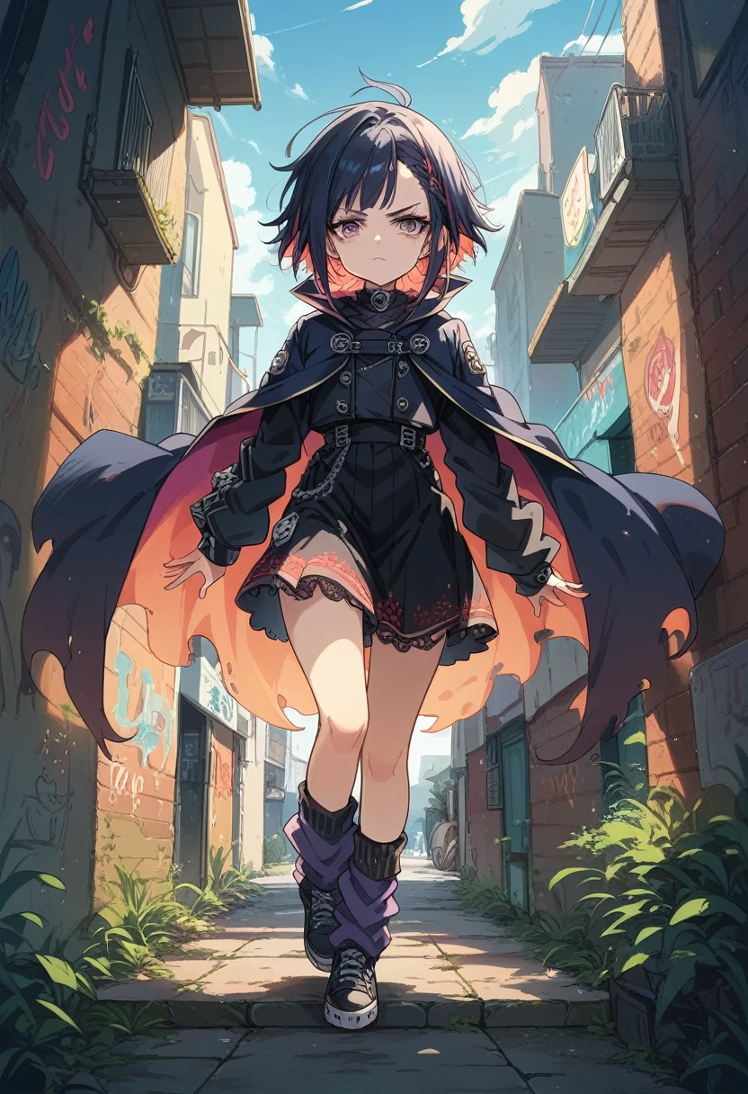 1 girl(short cut)(Border Gangster Subculture Cat Punk Knit,Dark Cape,flare skirt,Gothic Lace-up Leg Warmers)（A girl stands in front of a brick wall and wing graffiti.)