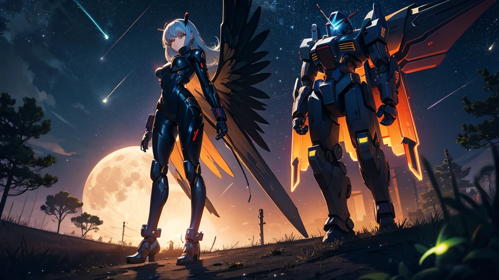 Android girl, walking in wood, night, fireflies, cyber googles, mecha hands, mecha legs, cyber wings, full moon, sad expression