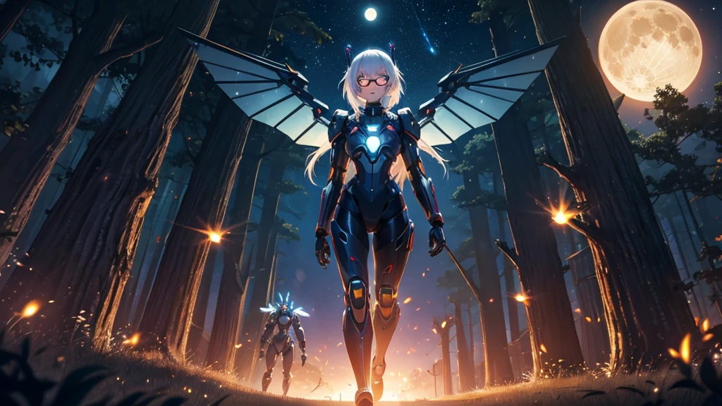 Android girl, walking in wood, night, fireflies, cyber googles, mecha hands, mecha legs, cyber wings, full moon, sad expression