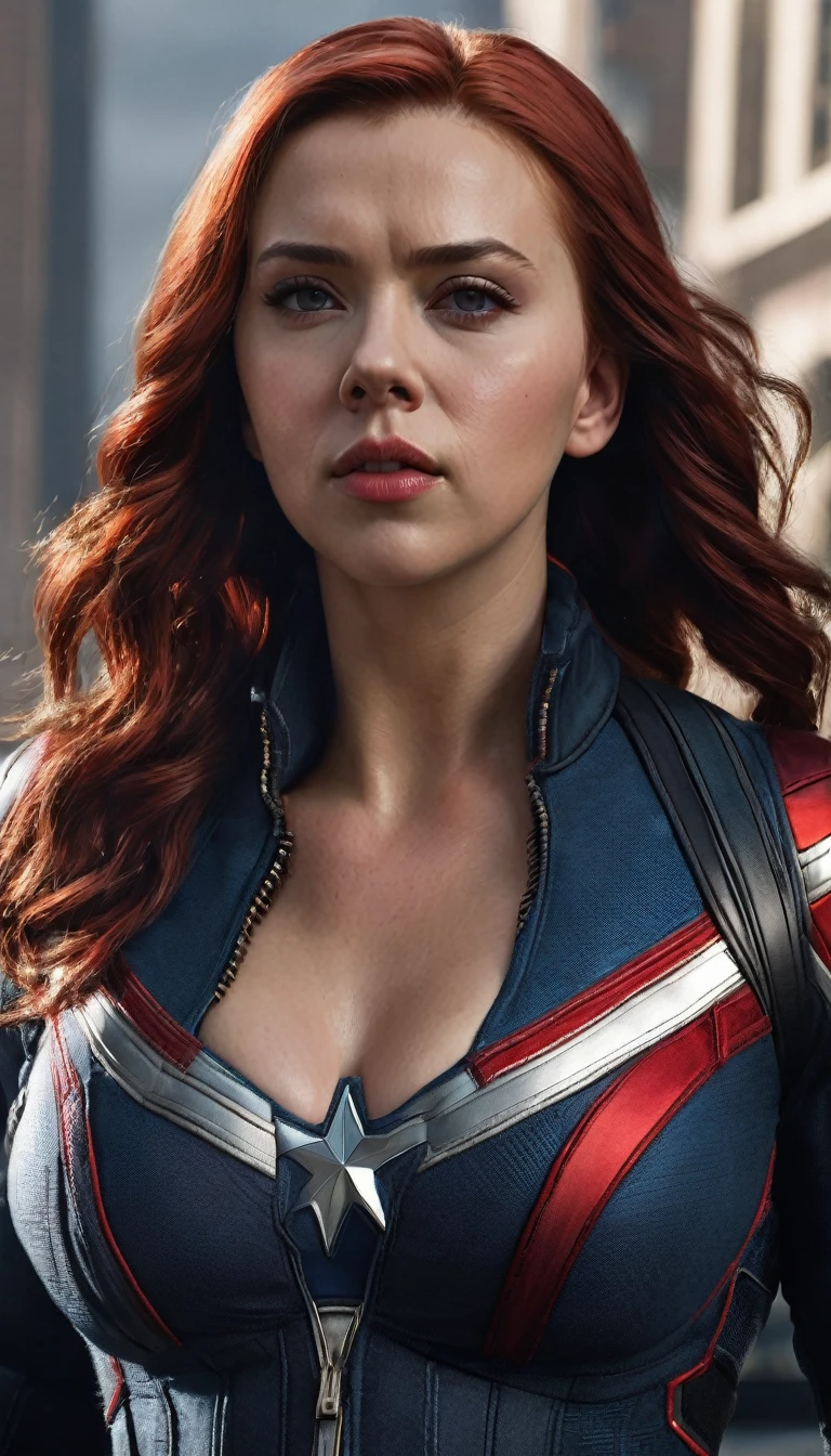 (masterpiece), (best quality), (photorealistic:1.3), 8k, detailed skin texture, detailed cloth texture, beautiful detailed face, intricate details, ultra detailed, scarlett johansson, Black Widow in the style of the Captain America, straight red hair, (full-length body:1.2)