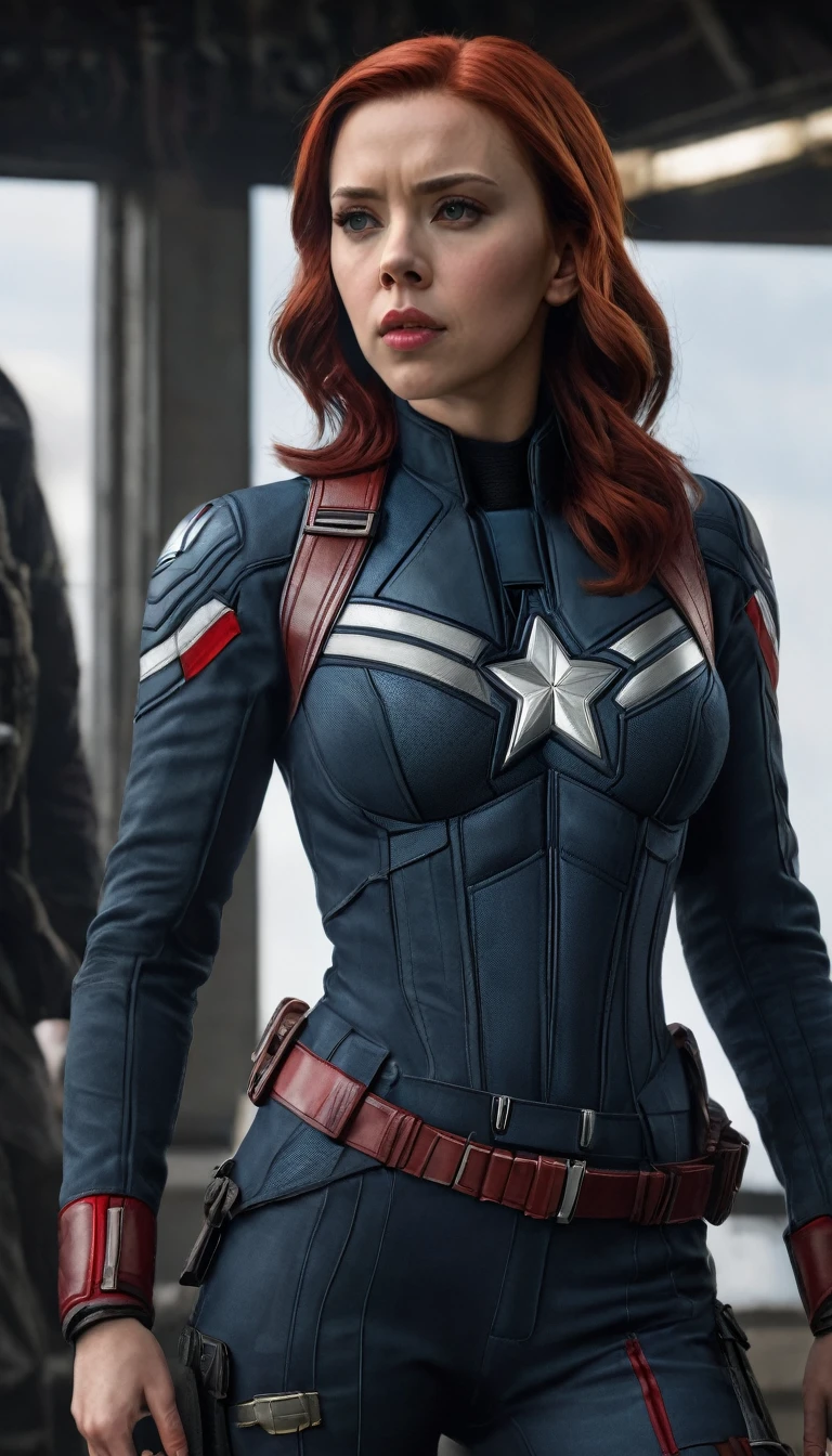 (masterpiece), (best quality), (photorealistic:1.3), 8k, detailed skin texture, detailed cloth texture, beautiful detailed face, intricate details, ultra detailed, scarlett johansson, Black Widow in the style of the Captain America, straight red hair, (full-length body:1.2)