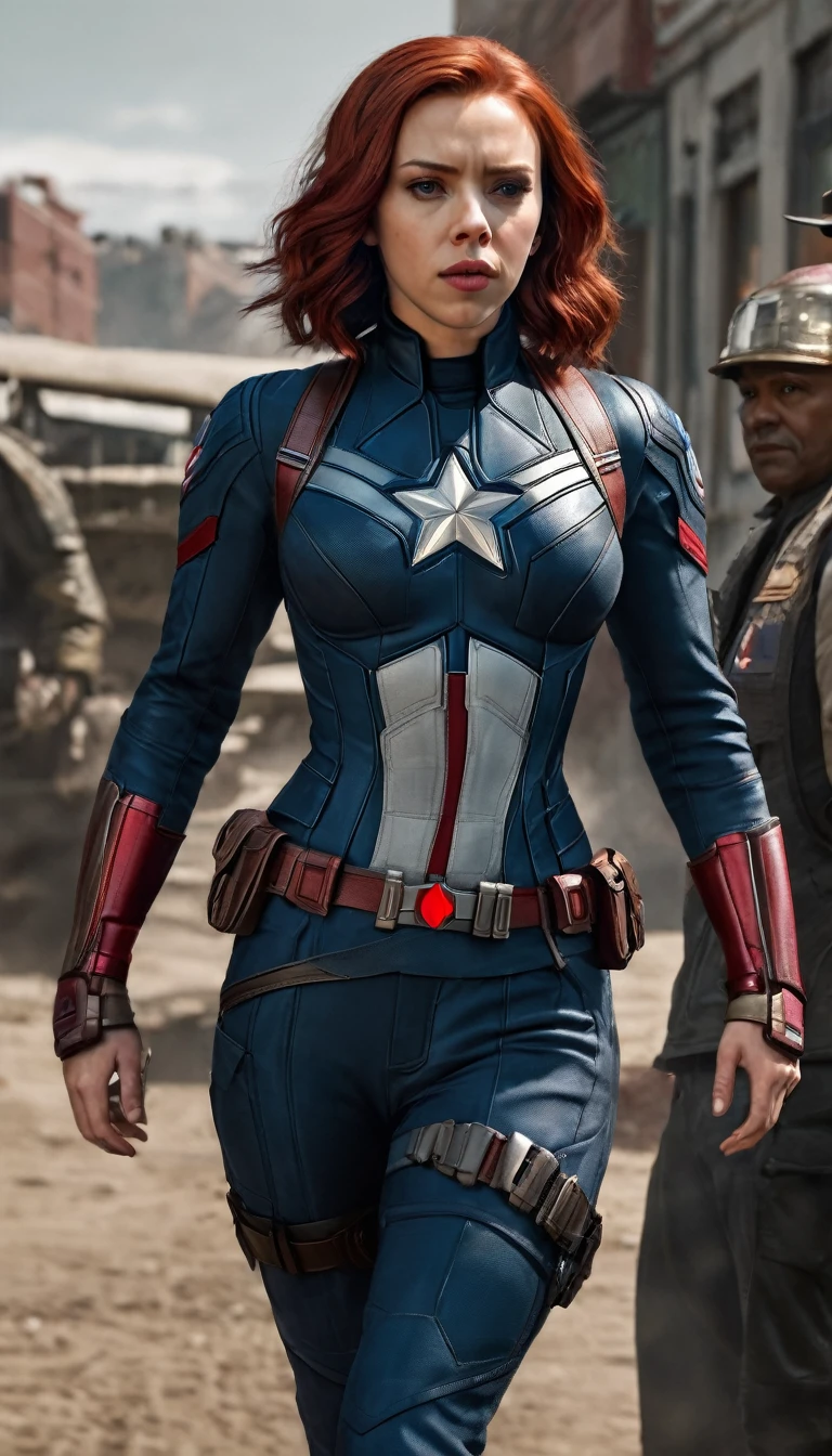 (masterpiece), (best quality), (photorealistic:1.3), 8k, detailed skin texture, detailed cloth texture, beautiful detailed face, intricate details, ultra detailed, scarlett johansson, Black Widow in the style of the Captain America, straight red hair, (full-length body:1.2)