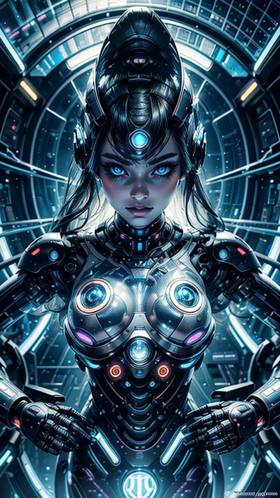 A cyber girl, beautiful detailed eyes, beautiful detailed lips, extremely detailed face, long eyelashes, robotic cyborg, panoramic view of space colony, advanced technological instruments, glowing neon lights, futuristic architecture, intricate machinery, floating holographic displays, dramatic lighting, cinematic composition, photorealistic, hyper detailed, highly intricate, 8k, best quality, masterpiece, digital art