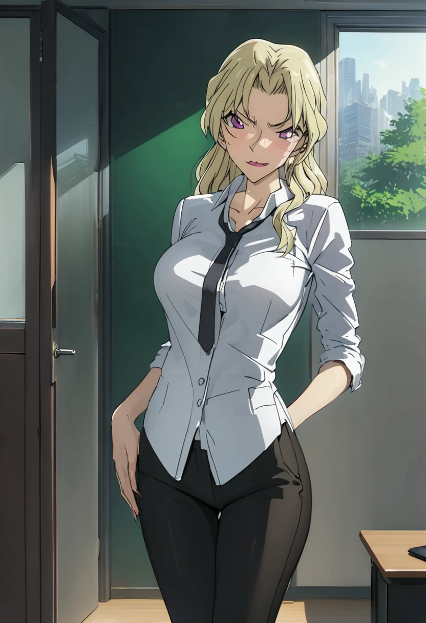 A beautiful teacher in a suit stands in the room, There is a blackboard on the wall behind her, Beautiful teacher, Sexy, aloof, Black wrapped long legs, blonde, Licking lips,Ultra HD, Retina, precise, masterpiece, Anatomically correct, Textured Skin, Super Detail, high quality, High Detail, best quality, high resolution, 1080P