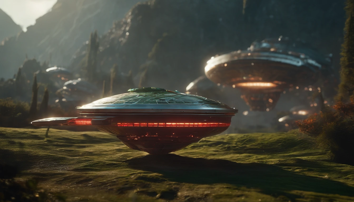 A starship biomechanical, complex and detailed, lighting effects,dark ambience,intricate work, green gold ratio, misty blur.Space Ships, close-up, hyper detailed, trending on playground, sharp focus, studio photo, intricate details,highly detailed,vibrant glass, protovision,The metallic red & woodsy brown wired constructed starships are flying near Saturn-Earth-esque planet,Liz Danforth's style.
