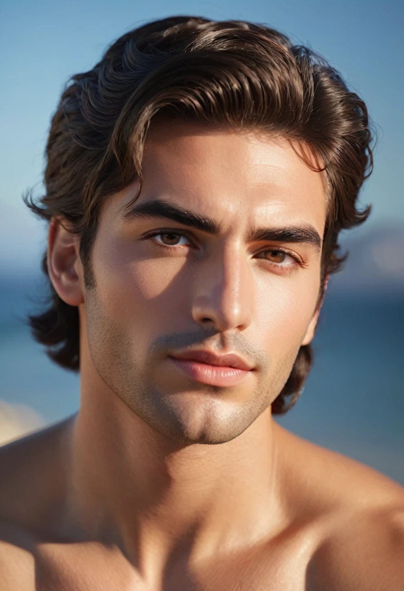 (lifelike, high quality: 1.3), best quality masterpiece, photorealistic, hyperrealistic, highres, high resolution, detailed, 8k, HDR, (Soft color: 1.2), shallow depth of field, broad light, high contrast, backlighting, bloom, good lighting quality, light sparkles, chromatic aberration, sharp focus, RAW color photo, fine skin, ((detailed facial features)), complex: 1.2, (finely detailed skin, realistic skin texture, extreme skin details, (pores:0.1), dark brown hair, locks, high and tide fade hair, 1.85 cm tall, nose and face like Alexis Papas: 0.2, eyes like Evans Nikopoulos: 0.3, lips like Alex Kavvadias: 0.2, handsome, distinct face, handsome greek male, thick eyebrows, one chin
