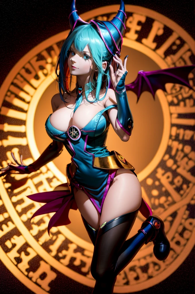 Beautiful dark mage (Masterpiece: 1.2, The best quality), (1 , only), big breasts, (dynamic posture), (shiny skin, Redskin carmesí), Redskin carmesí, Dark Maga Girl Sezy Demon Version, Redskin, Thin and lace gloves, ( little demon horns:1.1), (Lilith \(dark stalkers\)), (sky), fringe, (joya, golden ornament:1.15 ), pelvis grande, blue (shackles:1.1) Dark Magician Girl Sexy Demon Version. Magic circle and magic hearts... magic hearts