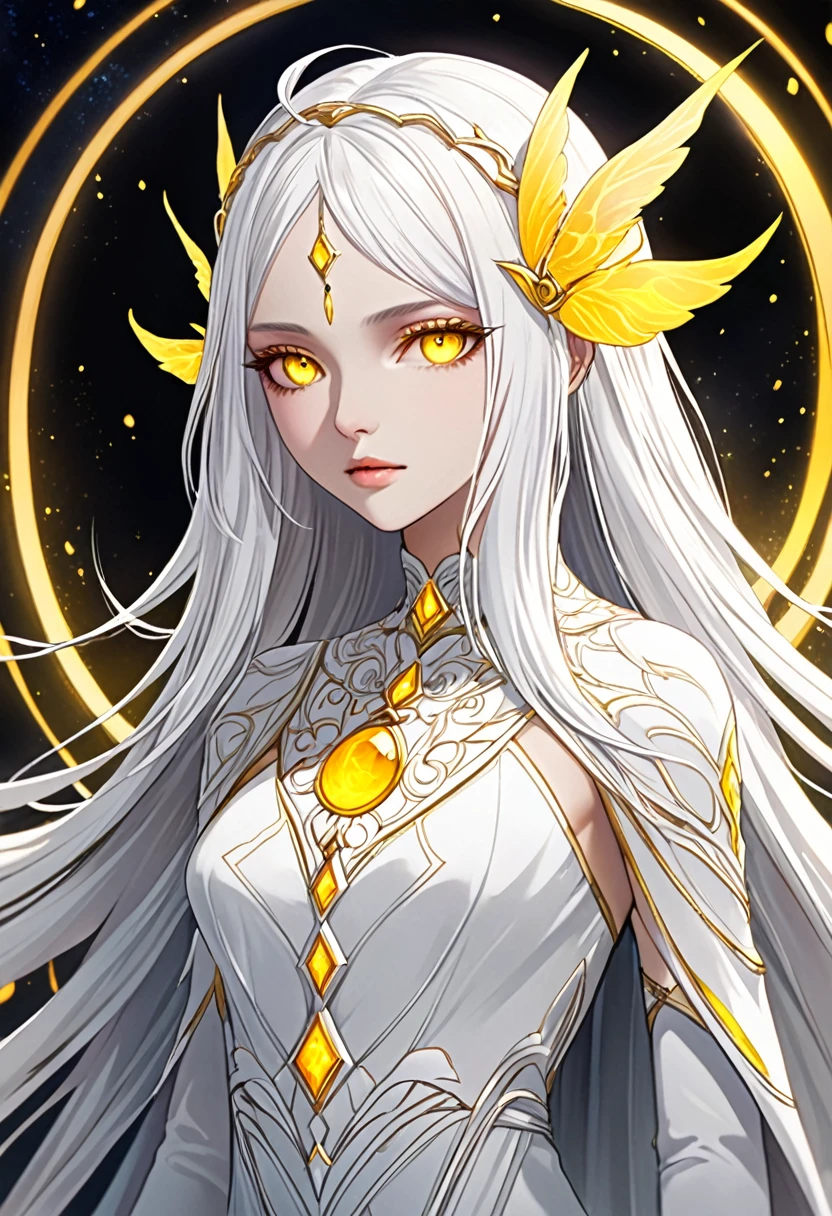 Create a character with striking white hair and vivid yellow eyes. She should exude an ethereal and mysterious aura, with her appearance hinting at otherworldly origins or magical abilities. Her clothing and accessories should complement her unique features, enhancing her enigmatic presence.