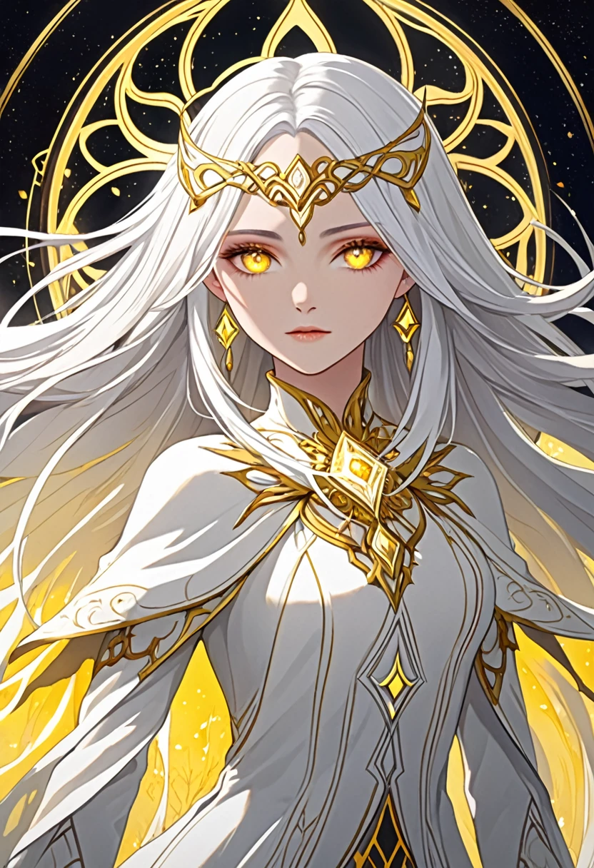 Create a character with striking white hair and vivid yellow eyes. She should exude an ethereal and mysterious aura, with her appearance hinting at otherworldly origins or magical abilities. Her clothing and accessories should complement her unique features, enhancing her enigmatic presence.