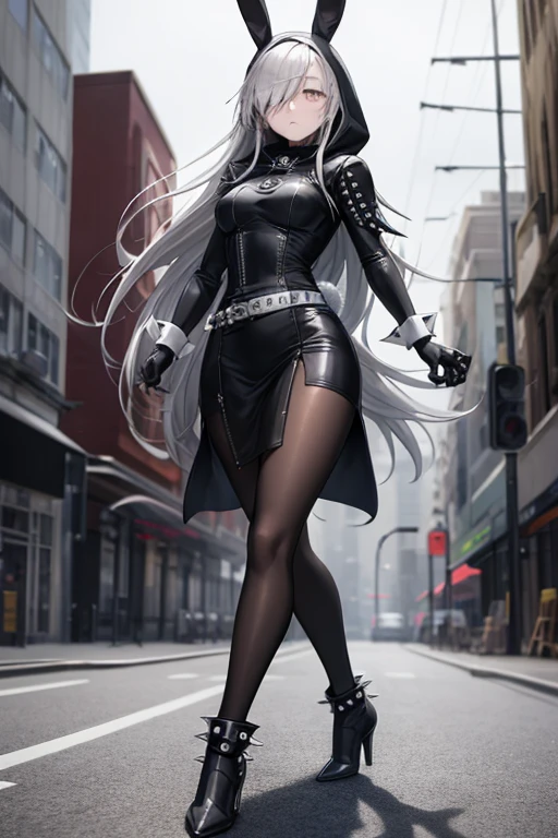 ((best quality)), ((masterpiece)), (detailed), 1 girl, Full body, 18 years old, Depressed face, Silver eyes, Covered eyes, Silver hair, Somewhat long hair, Spiky hair, Bangs, Strand of hair covering eye, Full body, Very tall, Athletic, Small breasts, Slim, Gray zippered hood, Metal spikes, Gray wristbands, Long black gloves with spikes, Gray gothic dress, Gray dress with metal spikes, Metal emblem, Tight fit, Black belt, Black pantyhose, Black boots, Walking through the city, Giant metal spikes sticking out on the street, City background, Gray clothes, Superhero, Anime, Hugging a bunny doll in her arms