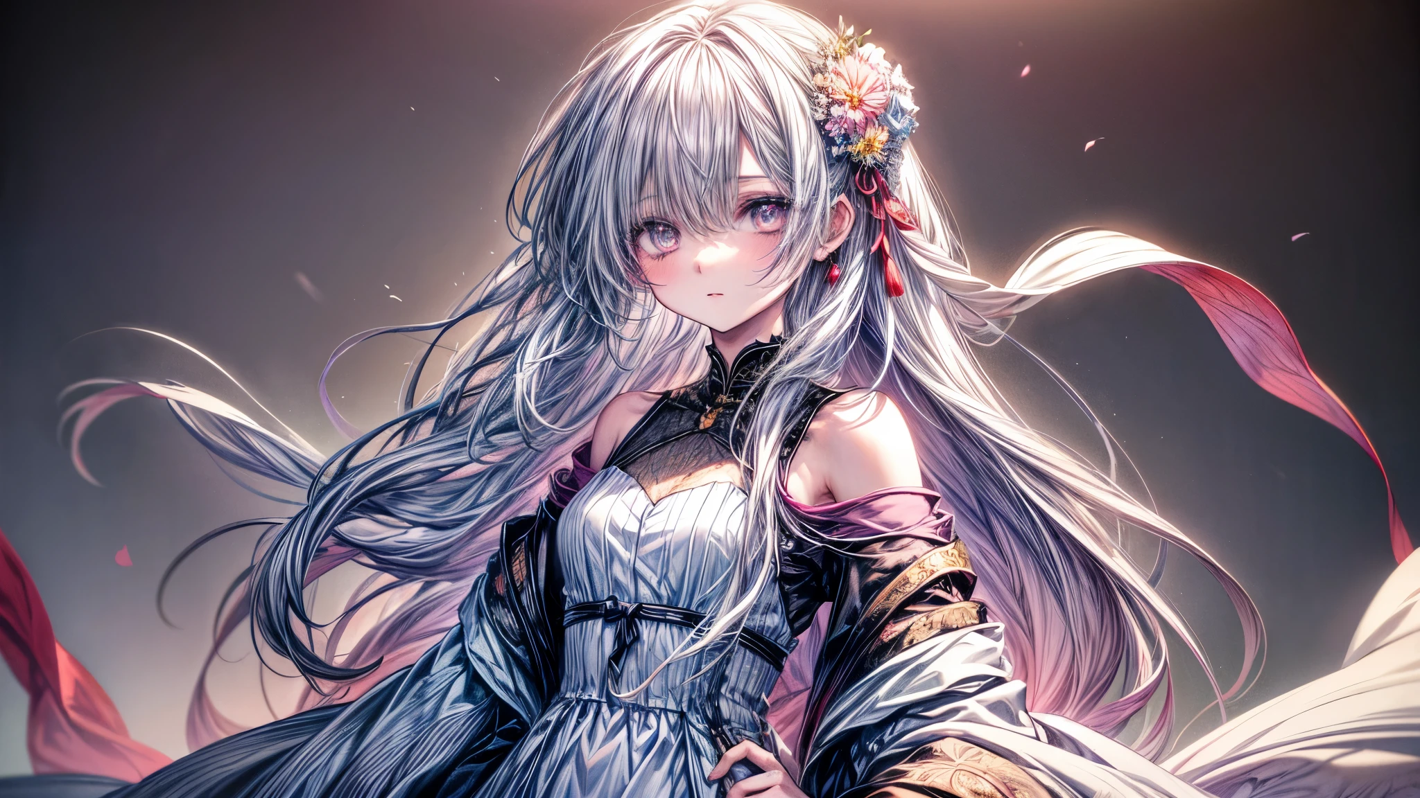 Detailed and stylized anime illustration featuring a young woman with fair skin and long, flowing hair adorned with intricate floral decorations. Her eyes are large and expressive, with delicate eyelashes. She is wearing a simple dress. The background is only gray. The color palette is predominantly pinks and soft yellows, giving the image a serene and ethereal quality. Create the character's head so that it does not get cut off. Create a character standing facing right.
