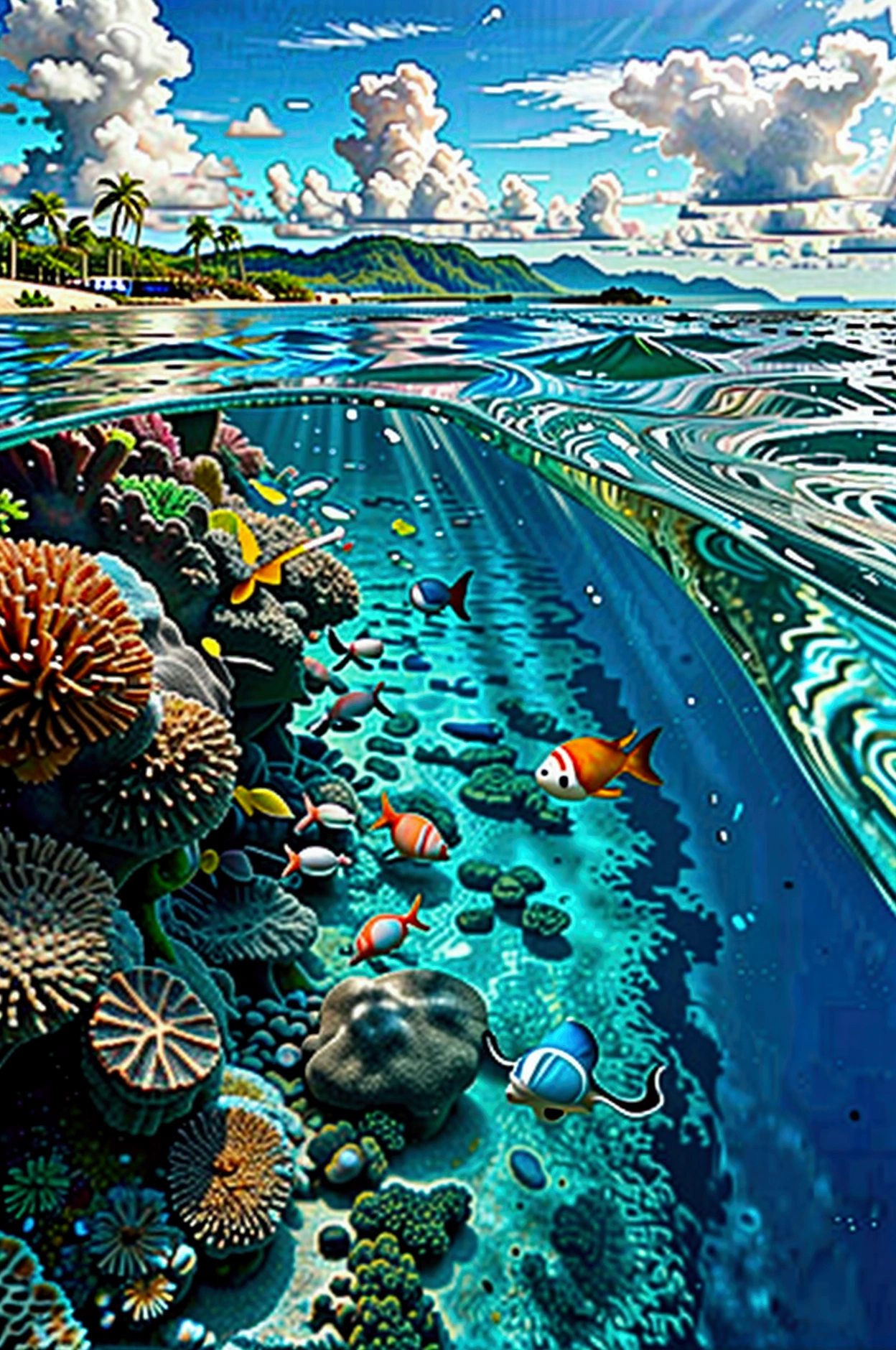 Create a vibrant, detailed image of the Great Barrier Reef. Include a variety of colorful corals, schools of tropical fish, and marine life like clownfish, turtles, and manta rays. The scene should be underwater, showcasing the beauty and diversity of the reef, with clear, blue water. In the background, include a distant view of the Queensland coast to provide context. Make the image inviting and awe-inspiring to emphasize that this is the largest coral reef system in the world.