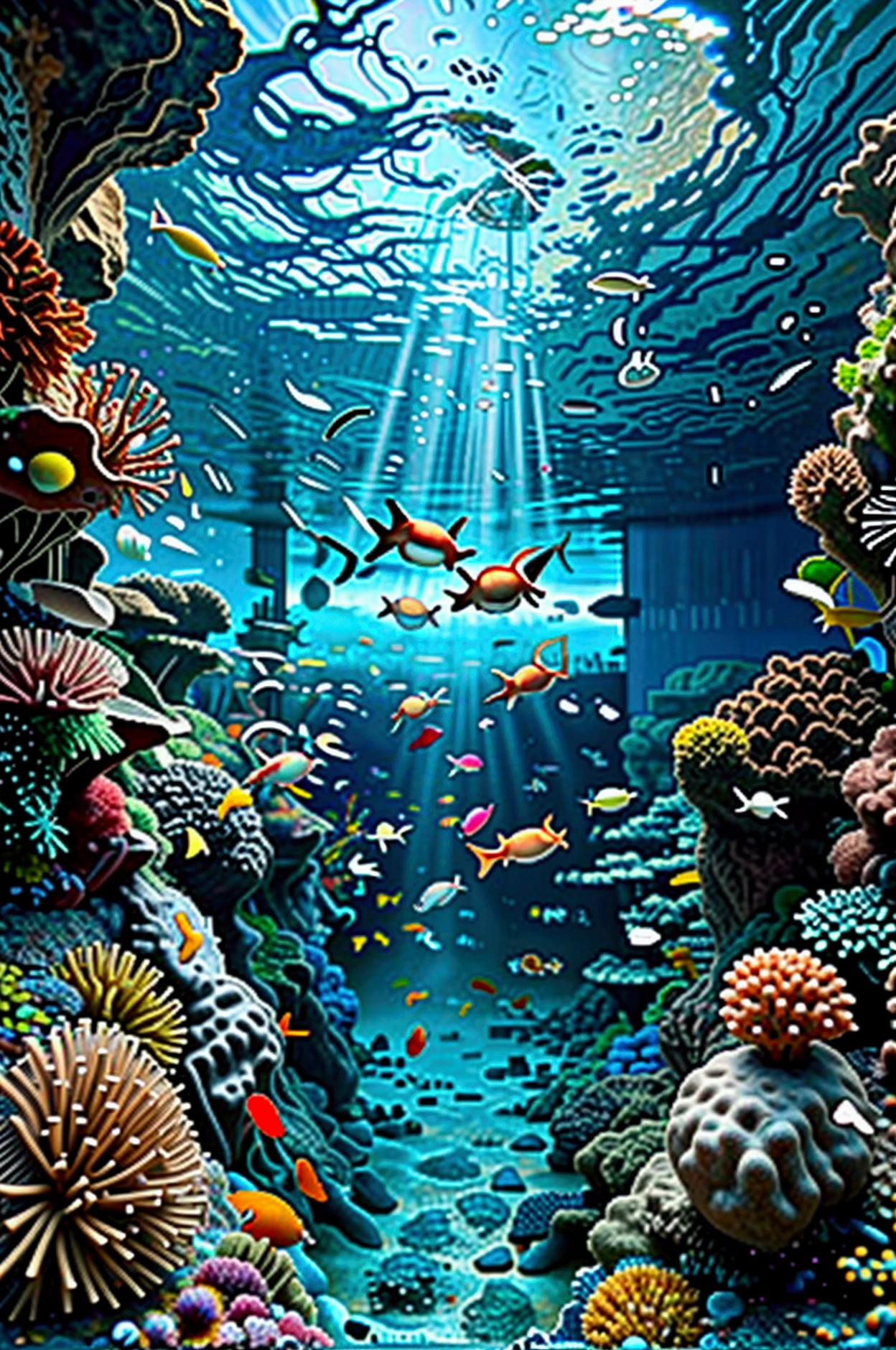 Create a vibrant, detailed image of the Great Barrier Reef. Include a variety of colorful corals, schools of tropical fish, and marine life like clownfish, turtles, and manta rays. The scene should be underwater, showcasing the beauty and diversity of the reef, with clear, blue water. In the background, include a distant view of the Queensland coast to provide context. Make the image inviting and awe-inspiring to emphasize that this is the largest coral reef system in the world.