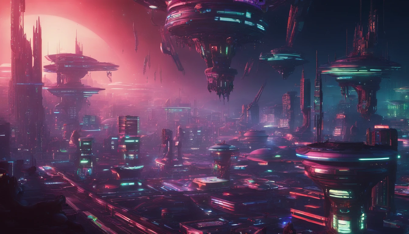A starship  biomechanical, complex and detailed, lighting effects,dark ambience,intricate work, green gold ratio, misty blur.Space Ships, close-up, hyper detailed, trending on playground, sharp focus, studio photo, intricate details,highly detailed,vibrant glass, protovision,The metallic red & forest brown wired constructed starships are flying near Saturn-Earth-esque planet,Liz Danforth's style.