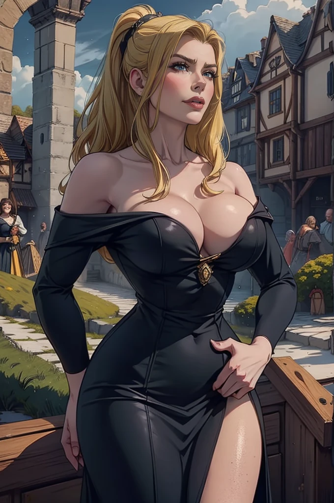 photorealistic,realistic, solo, photorealistic, best quality, ultra high res, 1girl,, sits , blonde hair in a ponytail, (big boobs), wearing a small short dress ( in Brown leather),off-shoulder,strapless, breeze blowing through the grass,, , 1girl, ((Middle Ages)), (((medieval fantasy))), ((viking)), beautiful, masterpiece, best quality, extremely detailed face, perfect lighting, 1girl, solo, (((sad))), , best quality, ultra high res, photorealistic,, ultra detailed,, masterpiece, best quality, , nancy1, large breasts, cleavage,