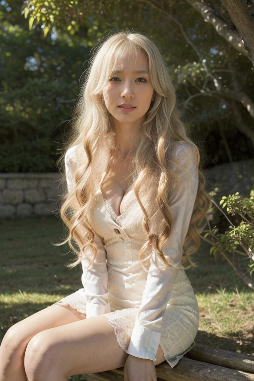 sunny, Elegant photo of a girl wearing a Blazer Dress, (Puffy eyes:1.05), (White lace shirt), Platinum blonde hair, (very long curly hair:1.4), Straight bangs, (Flowing hair), Smile, Happy, happiness, High Detail Skin, Skin pores, Amazing innocent symmetrical face, Long eyelashes, Black eyeliner, Light gold eyeshadow,(Sitting on a branch), emotion, wind, garden, Trees, Grass, masterpiece, best quality, Reality,