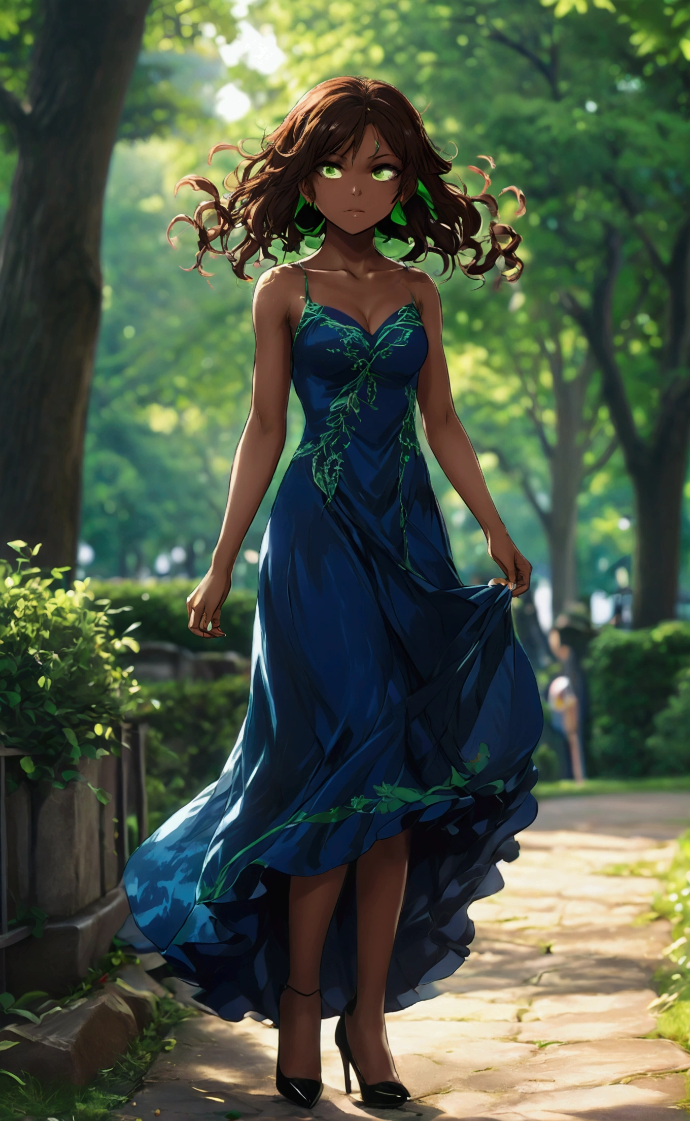 Animation boku no hero academia, dark skinned girl, dark brown hair and bright green almond eyes. She wears a long dark blue dress and black heels., background of a park