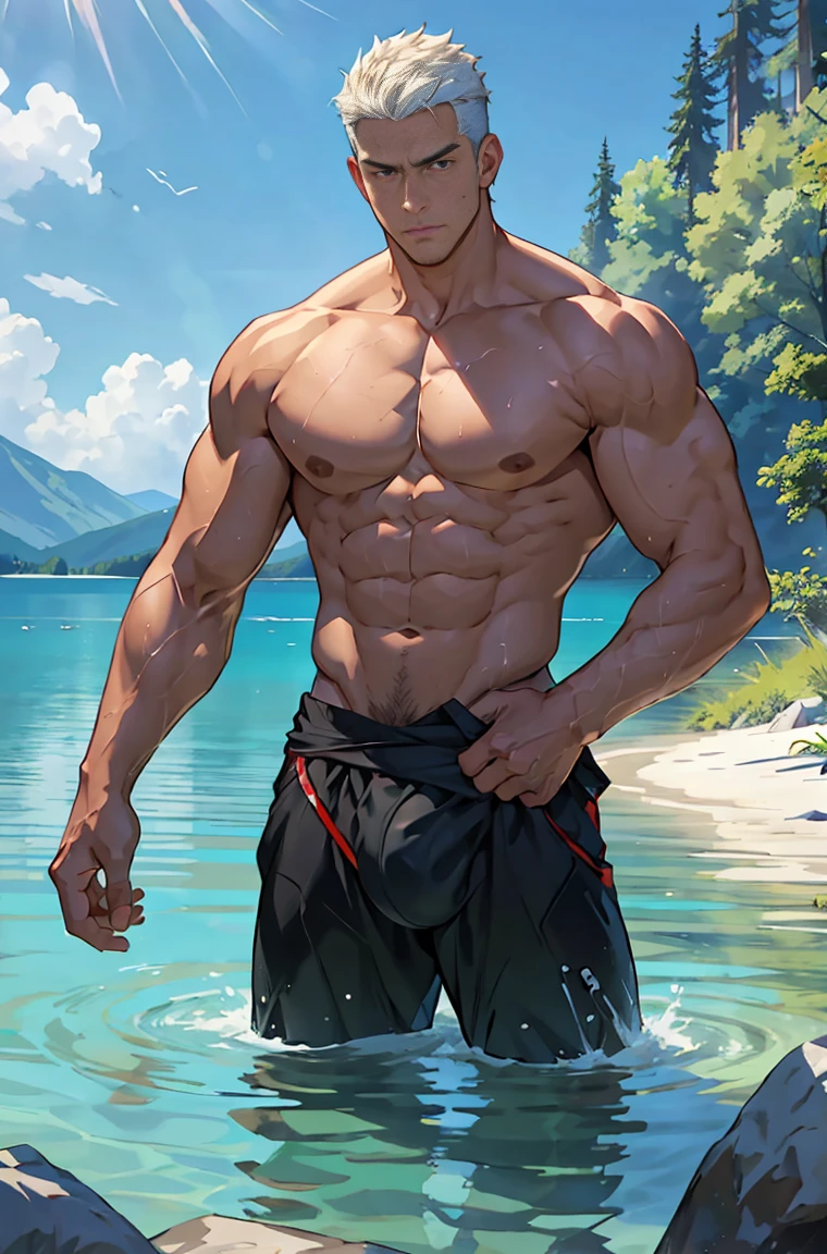 A very tall and muscular man, the setting is a lake with warm waters and the background is white, the lighting is perfect, the man is waist deep in the lake, the water in the lake is warm and clean and perfectly reflects the image, the man is very hot and his body is perfect, the man doesn&#39;t wear any clothes, hot naked male, the man&#39;s body is wide and masculine, your penis is big and enlarged, the man is in the sky and there is nothing in the background of the image except the lake