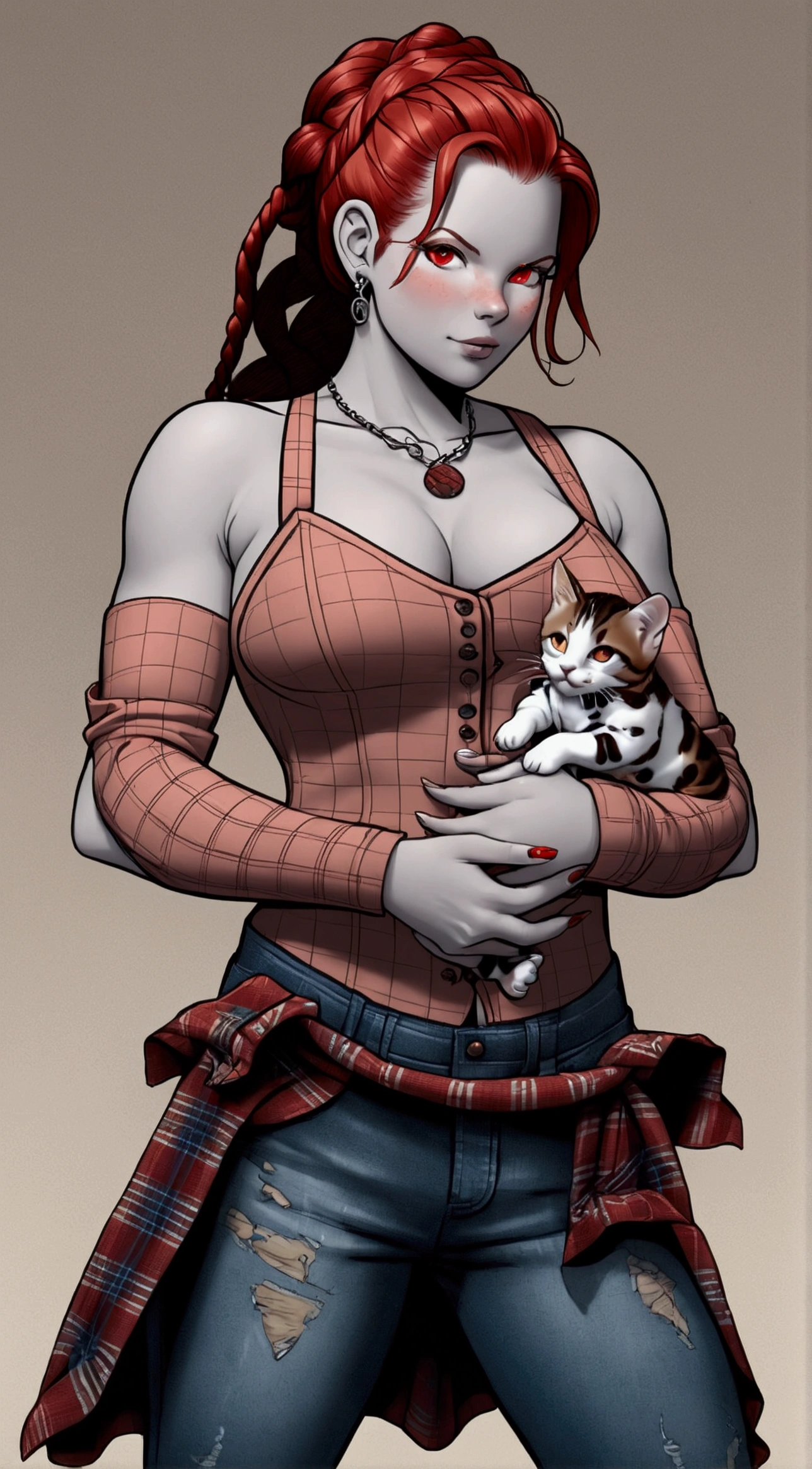 (masterpiece, best quality), (extremely detailed:1.3), (mature female:1.5), (fullbody:1.2), (female:1.2), (body tattoos), (red hair with small braids), (red eyes:1.15), (big thighs:1.15), (big muscles:1.3), (big cleavage), (red plaid button up shirt:1.5), (blue jean overalls), 1female, solo, farm, holding a kitten