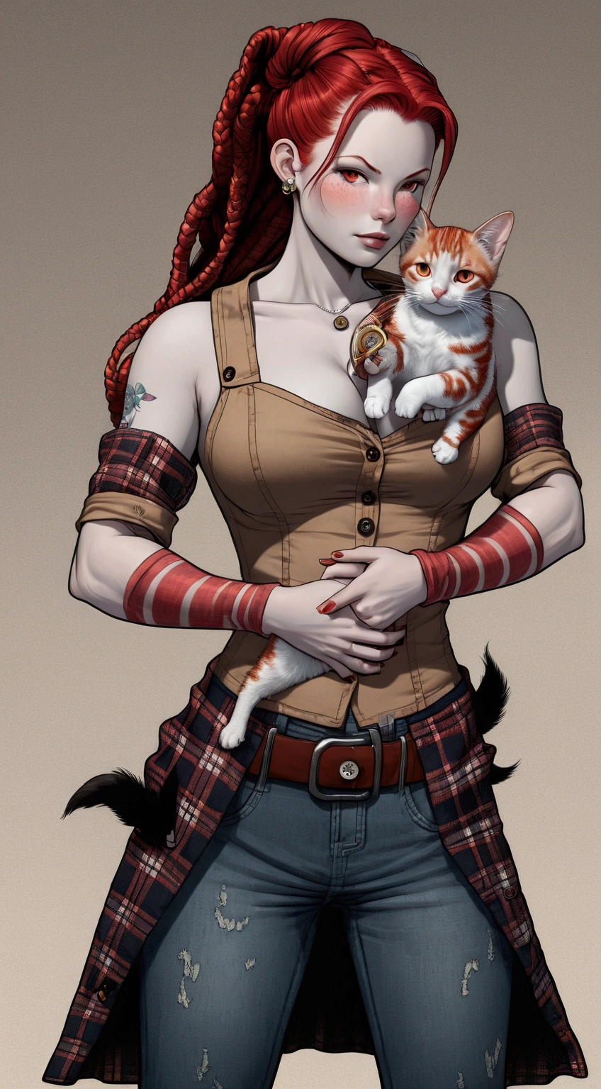 (masterpiece, best quality), (extremely detailed:1.3), (mature female:1.5), (fullbody:1.2), (female:1.2), (body tattoos), (red hair with small braids), (red eyes:1.15), (big thighs:1.15), (big muscles:1.3), (big cleavage), (red plaid button up shirt:1.5), (blue jean overalls), 1female, solo, farm, holding a kitten