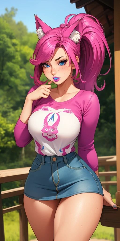 Beautiful round medium breasts, 1girl, ((magenta hair, high ponytail hair)) ((wolf girl)) light blue eyes, has an beautiful sensual body with freckles, with full breasts and thin waist, HIP HOP long sleeve t-shirt, short denim skirt fabric delicate, has a bold appearance. young, quality, realistic, best quality, cute expression, blue lipstick lips, parted lips, leaning, In the forest, wooden tree house