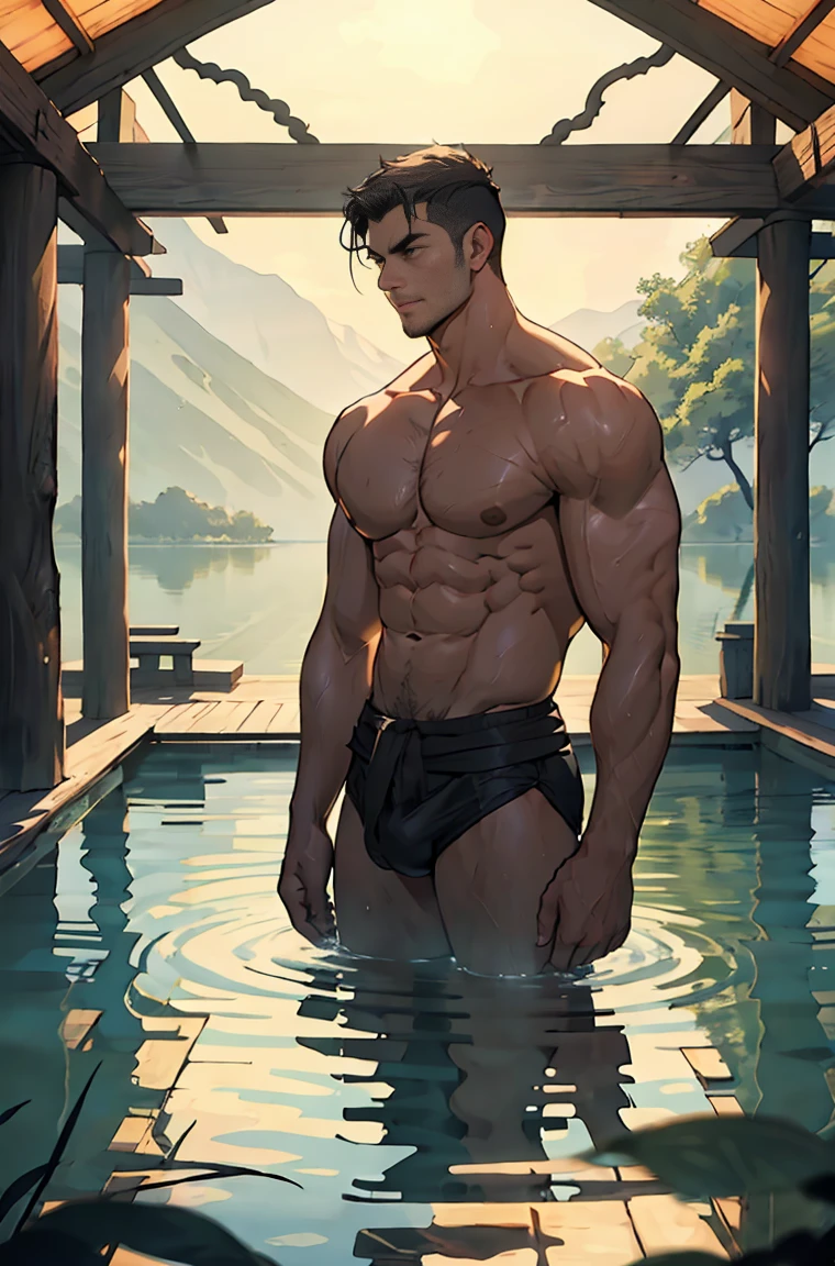 A very tall and muscular man, the setting is a covered hot water lake, the walls are oriental, the lighting is perfect, the man is waist deep in the lake, the water in the lake is warm and clean and perfectly reflects the image, the man is very hot and his body is perfect, the man doesn't wear any clothes, hot naked male, the man's body is wide and masculine, your penis is big and enlarged