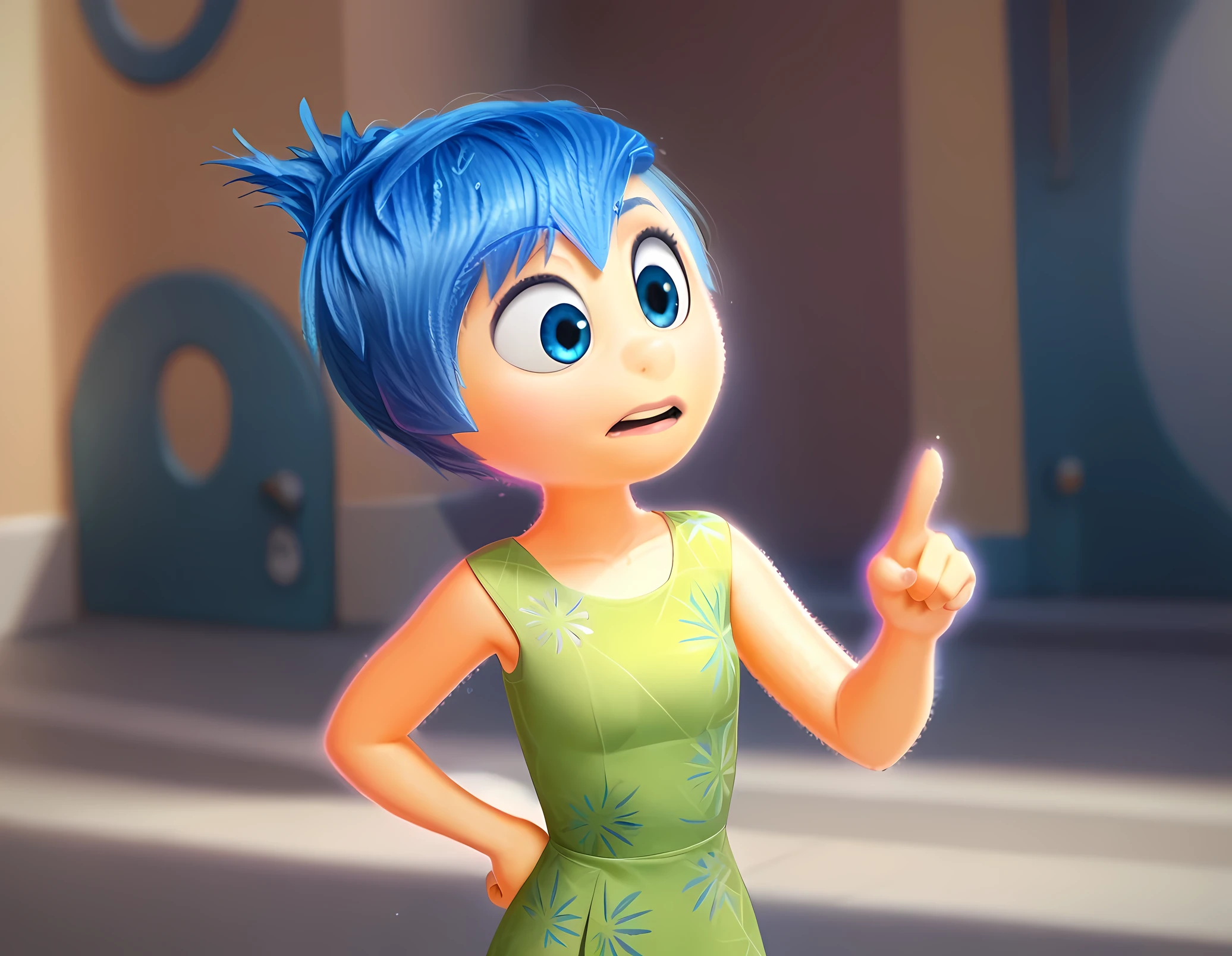 j_o_y, 1 girl, blue hair, green dress, glowing, confused face, looking rigth, pointing the finger, masterpiece, best qualit
