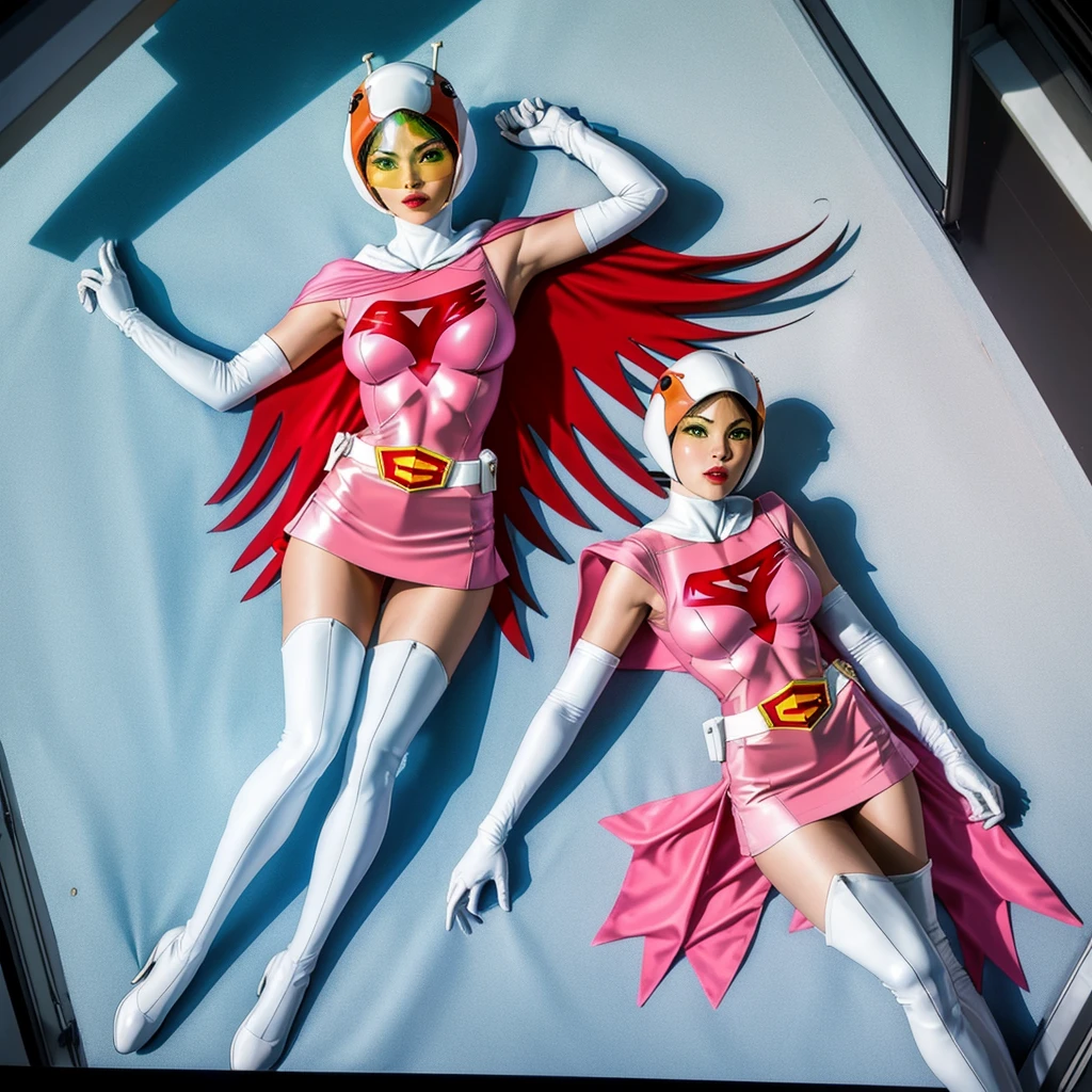ANI_CLASSIC_jun_gatchaman_ownwaifu,1girl, 15 years old, good anatomy, masterpiece, best quality, realistic, hyperrealistic, 16k hdr, breasts, green eyes, lips, large breasts, lipstick, makeup, gloves, cape, helmet, belt, elbow gloves, white gloves, mask, ultra miniskirt, leotard, spacesuit, white tight overknee highheels boots, pink dress, superhero,bodysuit,(lying flat poses, view from above),pantyhose