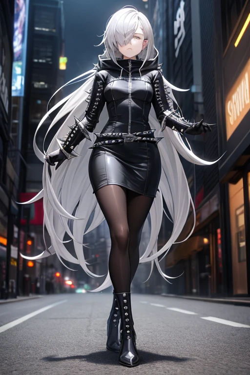 ((best quality)), ((masterpiece)), (detailed), 1 girl, Full body, 18 years old, Depressed face, Silver eyes, Covered eyes, Silver hair, Somewhat long hair, Spiky hair, Bangs, Strand of hair covering eye, Full body, Very tall, Athletic, Small breasts, Slim, Gray zippered hood, Metal spikes, Gray wristbands, Long black gloves with spikes, Gray gothic dress, Gray dress with metal spikes, Metal emblem, Tight fit, Black belt, Black pantyhose, Black boots, Walking through the city, Giant metal spikes sticking out on the street, City background, Gray clothes, Superhero, Anime
