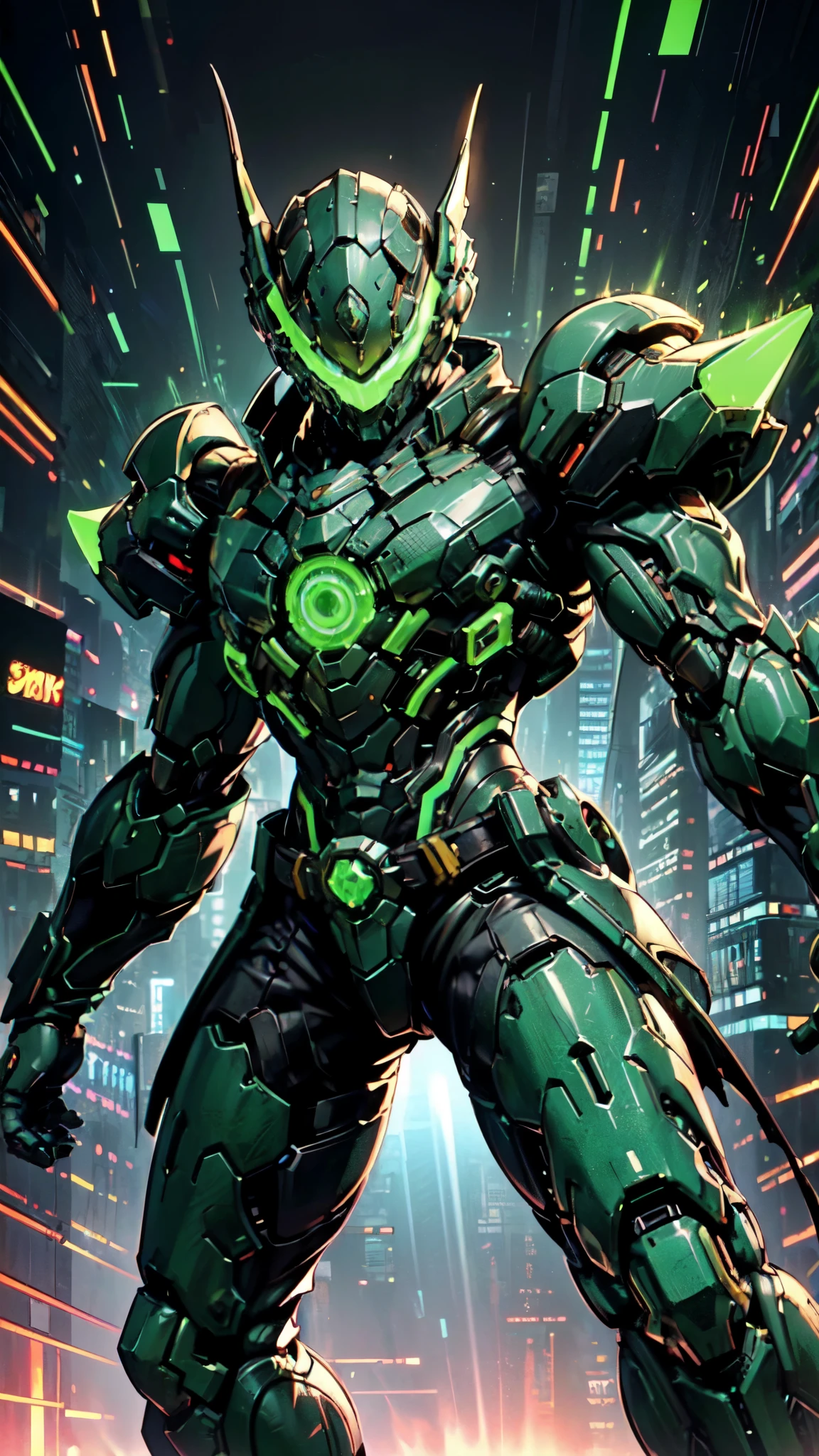 (masterpiece:1.5, best quality:1.5, extremely delicate:1.5, foreshortening:1.5, dynamic angle:1.5), a man wearing a full-face helmet, a fantasy-style biotech armored combat suit, green eyes, (a composite layered chest armor), fully enclosed shoulder guards, matching arm and leg guards, the belt is adorned with neon circuitry, (the color scheme is primarily black glow with green and red accents), the design balances heavy with agility, a high-tech bio-mecha armor, (Armor Concept Inspired by neon Cyberpunk, stand on the top of a skyscraper in a futuristic sci-fi city), this character embodies a finely crafted fantasy-surreal style armored hero in anime style, exquisite and mature manga art style, (element, plasma, energy, the armor glows), ((male:1.5)), metallic, high definition, highres, ultra-detailed, ultra-fine painting, professional, perfect body proportions, golden ratio, anatomically correct, symmetrical face, extremely detailed eyes and face, high quality eyes, creativity, RAW photo, UHD, 32k, Natural light, cinematic lighting, masterpiece-anatomy-perfect