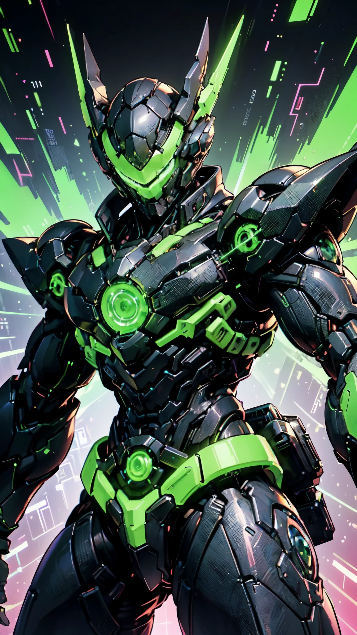 (masterpiece:1.5, best quality:1.5, extremely delicate:1.5, foreshortening:1.5, dynamic angle:1.5), a man wearing a full-face helmet, a fantasy-style biotech armored combat suit, green eyes, (a composite layered chest armor), fully enclosed shoulder guards, matching arm and leg guards, the belt is adorned with neon circuitry, (the color scheme is primarily black glow with green and red accents), the design balances heavy with agility, a high-tech bio-mecha armor, (Armor Concept Inspired by neon Cyberpunk, stand on the top of a skyscraper in a futuristic sci-fi city), this character embodies a finely crafted fantasy-surreal style armored hero in anime style, exquisite and mature manga art style, (element, plasma, energy, the armor glows), ((male:1.5)), metallic, high definition, highres, ultra-detailed, ultra-fine painting, professional, perfect body proportions, golden ratio, anatomically correct, symmetrical face, extremely detailed eyes and face, high quality eyes, creativity, RAW photo, UHD, 32k, Natural light, cinematic lighting, masterpiece-anatomy-perfect