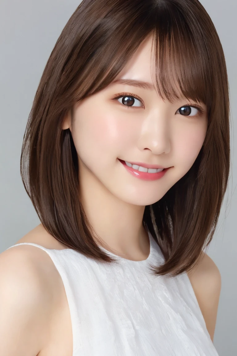 (8K.Highest quality), (beautiful)、Very delicate eyes、Brown eyes、22-year-old female、Brown Hair、Fine skin、Semi-short hair、Soft Breasts、bangs、smile、camisole