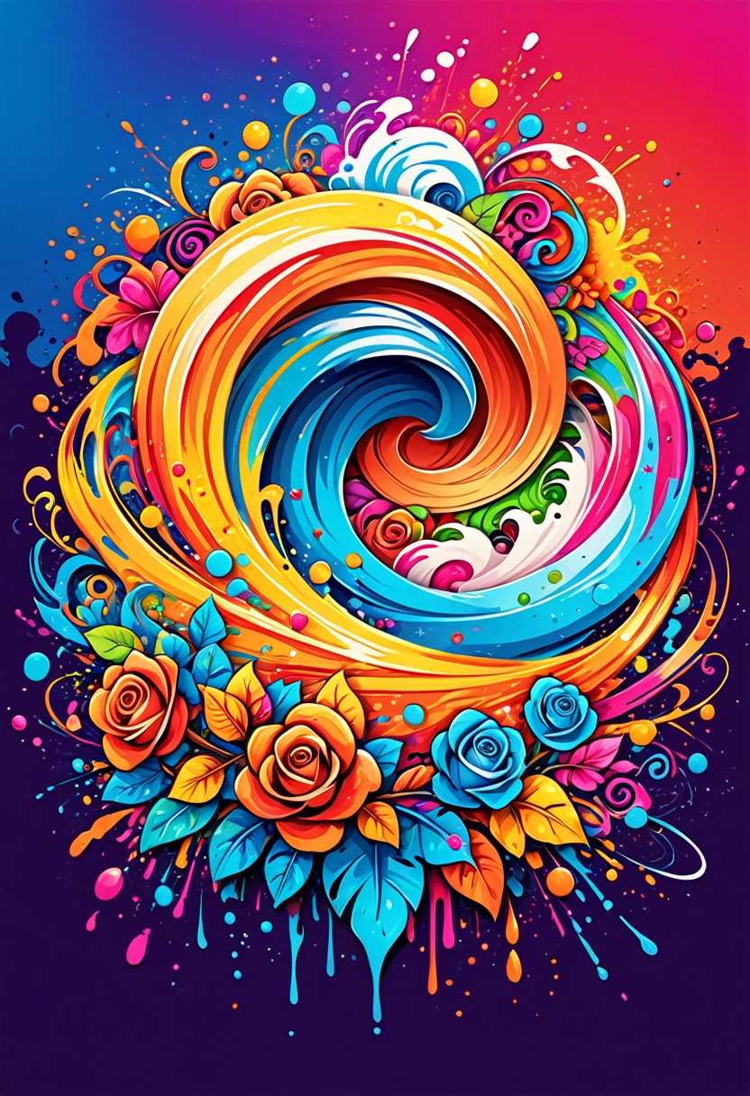 T-shirt logo with vector art, Colorful illustration with roses, At the center, swirly vibrant colors, paint splashes and smears, high détail,Hawaii Background (work of art, best qualityer, proffesional, perfect composition, very aesthetic, absurdrez, super verbose, details Intricate:1.3)