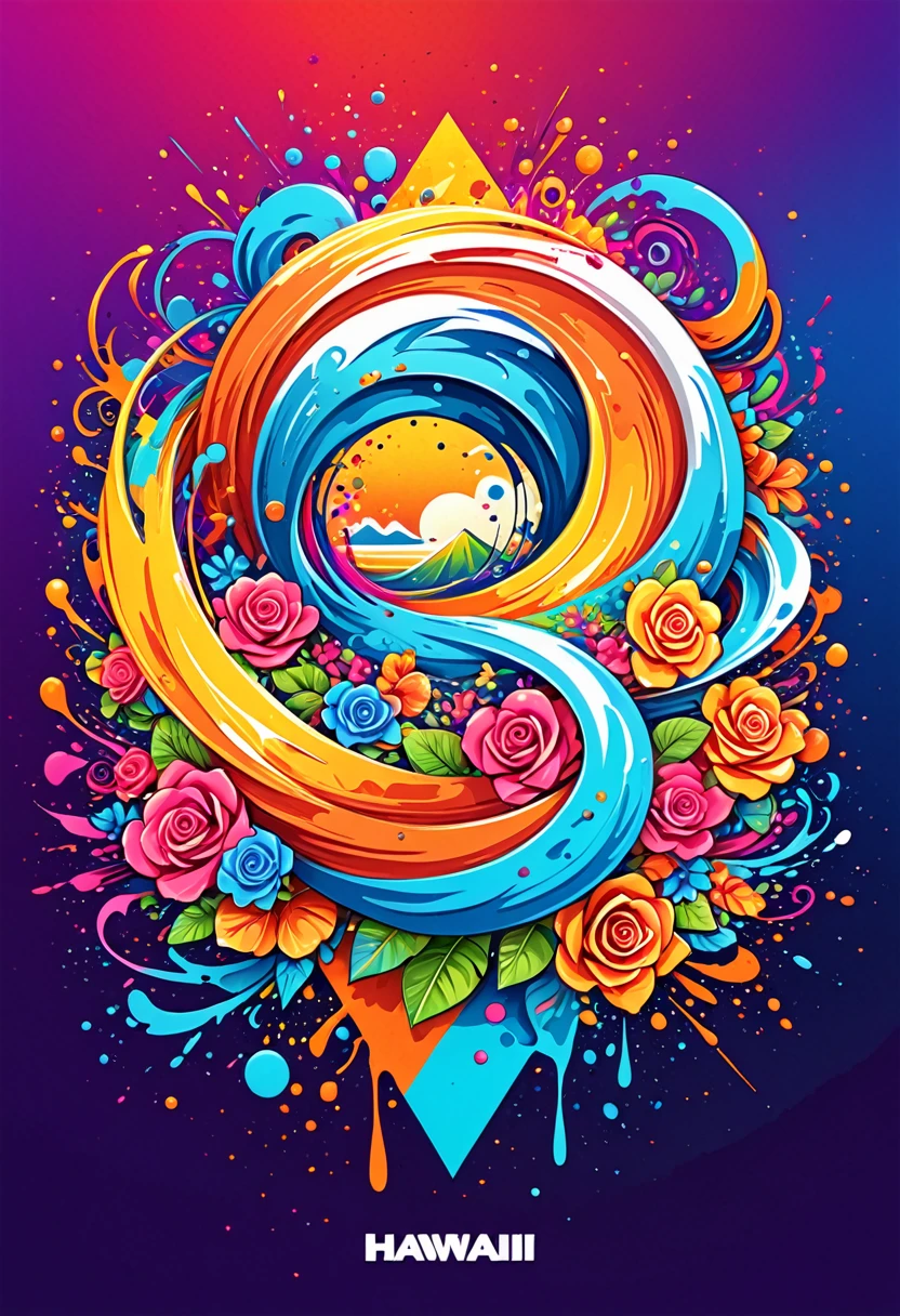 T-shirt logo with vector art, Colorful illustration with roses, At the center, swirly vibrant colors, paint splashes and smears, high détail,Hawaii Background (work of art, best qualityer, proffesional, perfect composition, very aesthetic, absurdrez, super verbose, details Intricate:1.3)