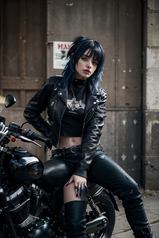 Ultra-realistic 8k CG, masterpiece, best quality, (photorealistic:1.4), absurdres, extremely detailed, real hair, life-like, provocative pose, Sitting on black motorcycle, black punk jacket, black crop, black patchy jeans, black boots, very skinny, goth, messy blue hair, blue eyes, long black nails, tattoo, looking camera, 