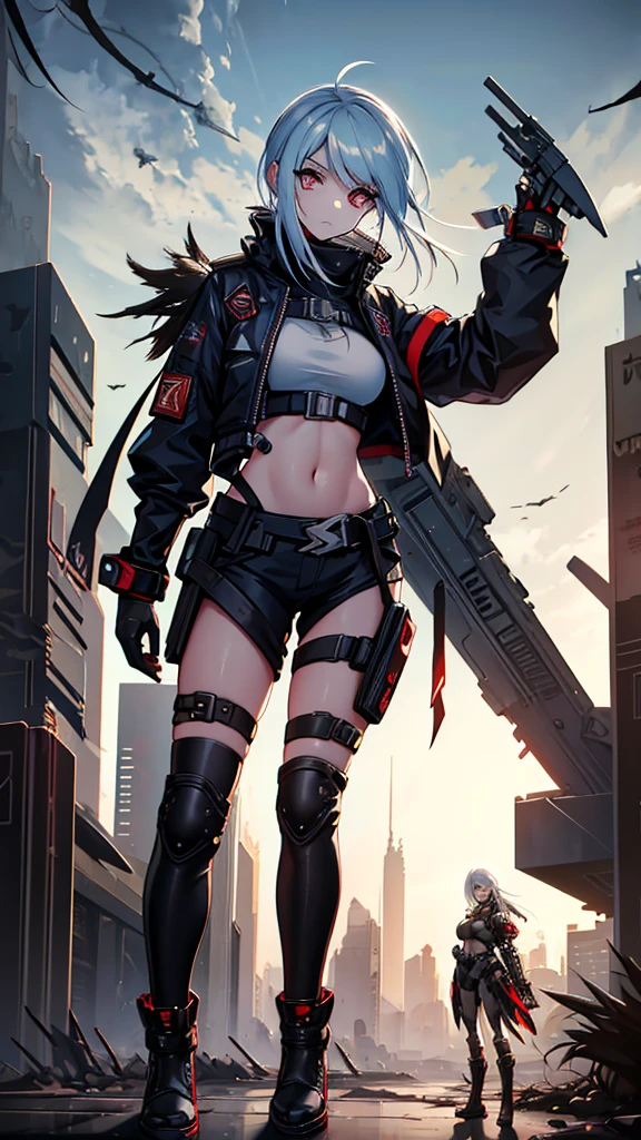 futuristic wanderer woman in a cyberpunk attire, cute, showing navel, exploring a barren wasteland in a post-apocalyptic setting, dilapidated urbanscape, spaceship in the background, grim expression, scared expression