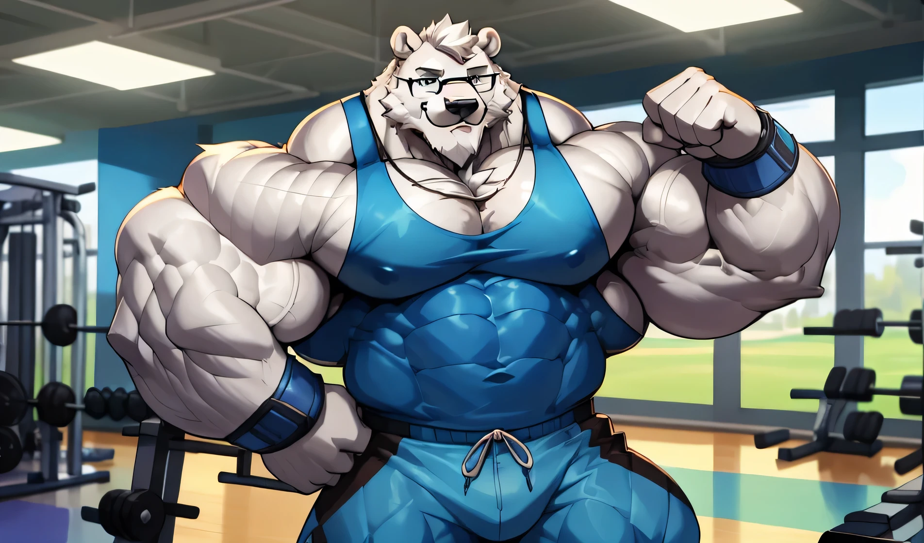 solo, 1boy, Huge Muscular White Polar Bear wearing glasses, huge white fur, pectoral, huge pectoral, wide pectoral, short white hair, blue colored short pants, blue colored wristbands and blue colored tank top, white bearded, white Mustache, white fur, black eyebrows, gym fitness center background, masterpiece, high detailed, 8k, high resolution, at the gym, flexes huge thorax, looking at the viewer, acting all hunk