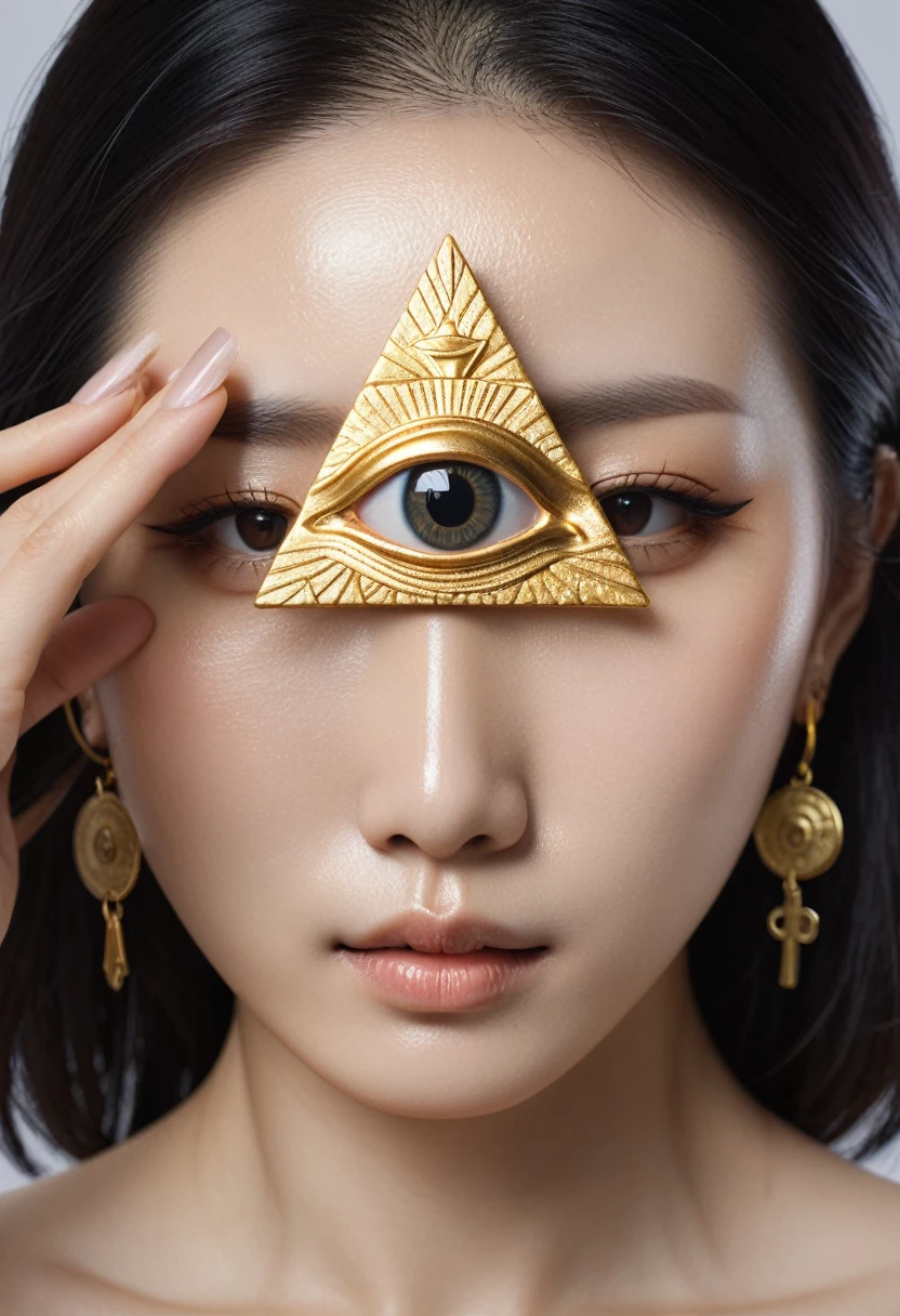 Hold it in front of your right eye、Holding a pyramid with the Eye of Providence on it, Japanese Women, Holding a golden key in his right hand, textured skin , HI detailed skin, (foreshortening, Canon, anatomically correct, super detail, high details, highness,
