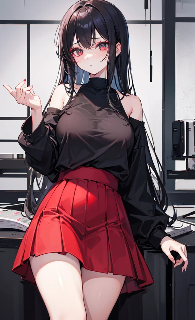off-shoulder black shirt,Red skirt black long hair,Extremely gorgeous smoky makeup,Cold and bad sister