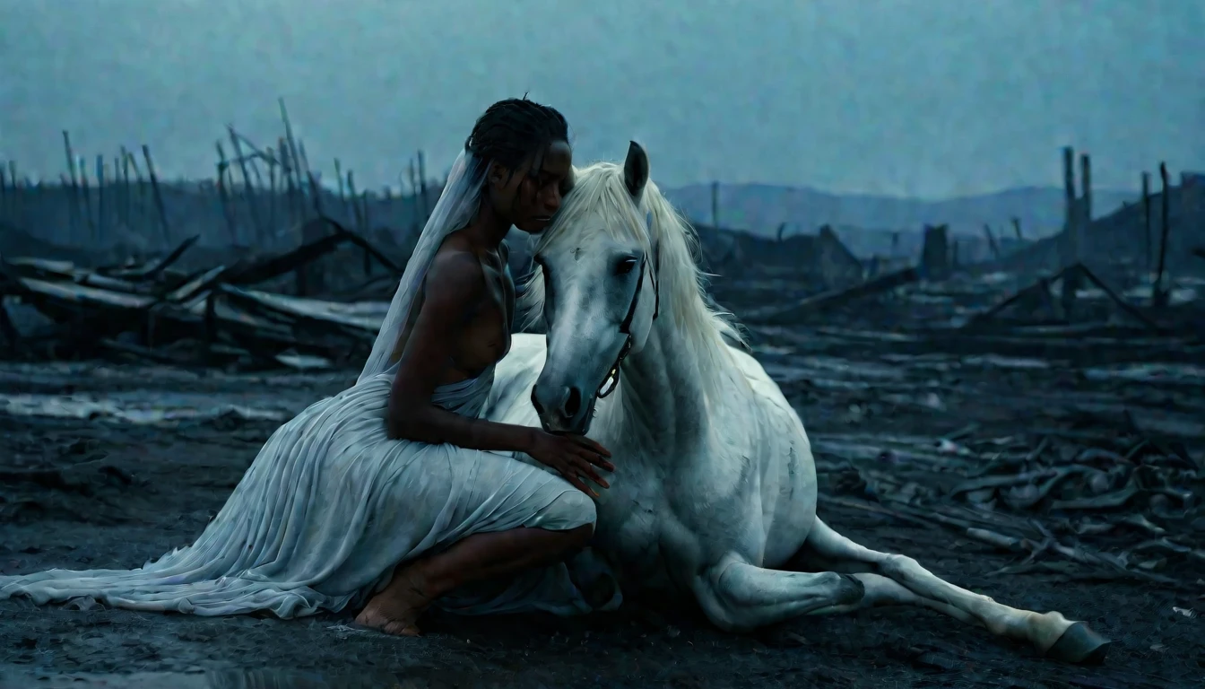 Cinematic still, full-body shot, rule of thirds composition, a slender, 18 year old, mixed race, gorgeous dark skinned female, embracing a beautiful fallen white horse, sorrowful, body covered in black paint, body wrapped in thin translucent burnt gauze veils, set against desolate destroyed wasteland, fires, rubble, twisted metal, polluted water. melancholic, color grading in rich blues and subtle golden hues, realistic textures, shot on Canon EOS 5D Mark IV, Canon EF 50mm f/1.2L USM. lens, subtle accents and highlights, realism pushed to the extreme, high contrast, superb clarity, in the style of Bill Henson


