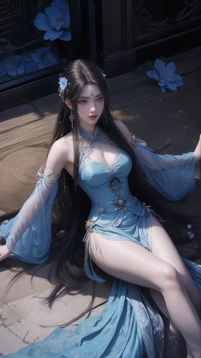 A beautiful woman with perfect curves wearing a long blue dress that gently flutters in the air,The beautiful woman was lie down in a sea of beautiful flowers surrounding her, Chinese traditional, her flexible body increasing with every movement, So enchanting, the dim candlelight, the glowing erflies fighting the darkness of the night, the light of the moon, The night wind blowing the curtains, the blue flower petals , flower petals flying around the room, Chinese dancing, This woman is so beautiful that she attracts everyone who watches her, ancient China, imperial empress