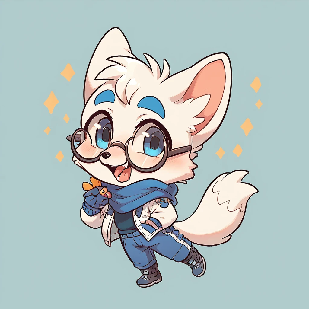 fox, boy, white fur, blue details on face, 9 white tails, chibi, cute, white tails, round glasses