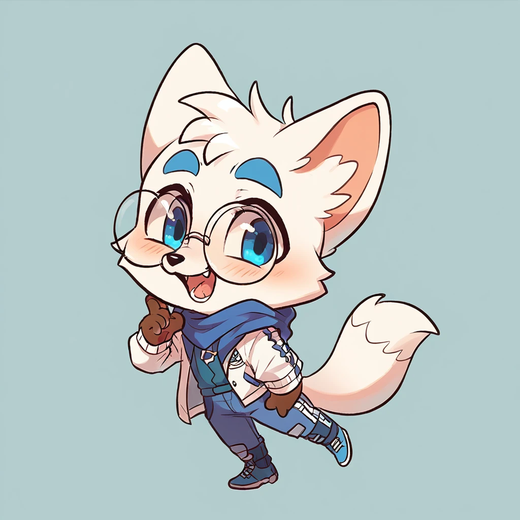 fox, boy, white fur, blue details on face, 9 white tails, chibi, cute, white tails, round glasses