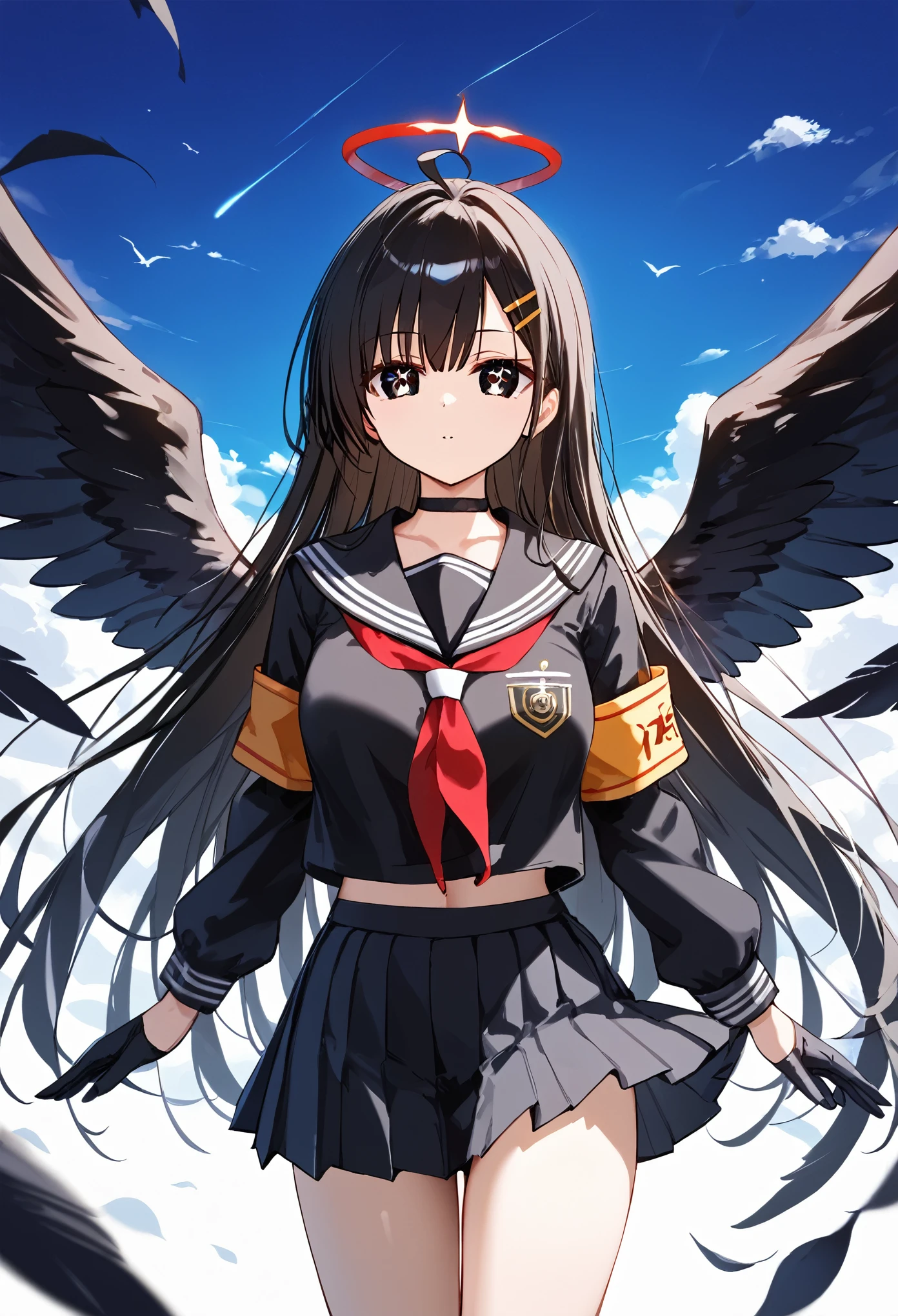 ichikanakamasa, ichika nakamasa, ahoge, black hair, black wings, feathered wings, hair ornament, hairclip, halo, long hair, low wings, red halo, wings,
BREAK armband, black choker, black gloves, black sailor collar, black serafuku, black skirt, choker, gloves, long sleeves, neckerchief, pleated skirt, red neckerchief, safety pin, sailor collar, , serafuku, skirt,
BREAK looking at viewer, upper body, full body,

BREAK (masterpiece:1.2), best quality, high resolution, unity 8k wallpaper, (illustration:0.8), (beautiful detailed eyes:1.6), extremely detailed face, perfect lighting, extremely detailed CG, (perfect hands, perfect anatomy),