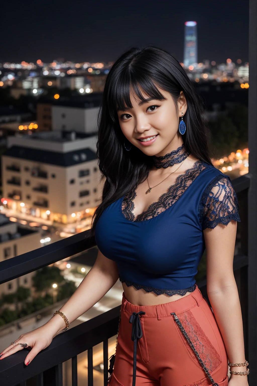 Half-length glamour portrait, nikon D850, f1.6 lens, 200mm, DSLR, 22 Megapixels, (((Luxury suite with view of the sea at sunset scene))), shot of a stunning 19 years old korean girl, (smile:1.4), (wearing trouser suit with midnight blue satin crop top:1.6), ((seductive pose)), hot girl, (((big natural breasts))), (((black fringe hair))), (small girl), symmetrical face, photorealistic, photography, (bright natural lighting), gorgeous, deep cleavage, (masterpiece), best quality, high resolution, extremely detailed, cinematic lighting, (((very narrow waist))), rich colors, hyper realistic, lifelike texture, ((jewelry)), (((She has beautiful hands and wears rings))), (bracelet), (necklace), (ankle chain), (nail polish) (earrings), Fuji Superia 200, 8k