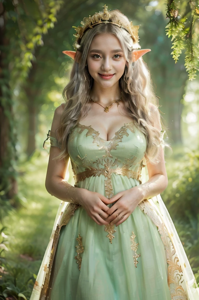 ((Masterpiece、highest quality、、Extremely fine and intricate detail、The most complex and detailed textures、Ultra-high resolution))、(beautiful spring water:1.1)、 dress that glows from within:1.1)、((The most beautiful elven princess、Elf Ears、The Most Sacred Princess Dresses、The background is a complex and sacred forest、Dresses that emit light from the inside、The dress is green and white with gold decorations..、Fairytale Sparkle、Fairytale atmosphere、wonderful、The most intricate and sacred dress、Sacred Elf、Light yellow-green fog、Accurately recreated in every detail the perfect elven princess、The most complex and detailed forest、Glowing Dress、Filled with divine light、Gorgeous tiara and necklace、wonderful、Overgrown trees々々、A forest illuminated by sacred green light、Great cinema lighting))、((The most beautiful face,Half Japanese and half Spanish、Beautiful smile、Beautiful wavy silver hair and blue eyes、The most gorgeous and elaborate dresses、Smiling while looking at the camera、Huge breasts that look like they might burst、waist-cinching dress、Accentuate your body lines)、Big cleavage