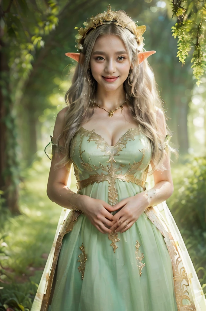 ((Masterpiece、highest quality、、Extremely fine and intricate detail、The most complex and detailed textures、Ultra-high resolution))、(beautiful spring water:1.1)、 dress that glows from within:1.1)、((The most beautiful elven princess、Elf Ears、The Most Sacred Princess Dresses、The background is a complex and sacred forest、Dresses that emit light from the inside、The dress is green and white with gold decorations..、Fairytale Sparkle、Fairytale atmosphere、wonderful、The most intricate and sacred dress、Sacred Elf、Light yellow-green fog、Accurately recreated in every detail the perfect elven princess、The most complex and detailed forest、Glowing Dress、Filled with divine light、Gorgeous tiara and necklace、wonderful、Overgrown trees々々、A forest illuminated by sacred green light、Great cinema lighting))、((The most beautiful face,Half Japanese and half Spanish、Beautiful smile、Beautiful wavy silver hair and blue eyes、The most gorgeous and elaborate dresses、Smiling while looking at the camera、Huge breasts that look like they might burst、waist-cinching dress、Accentuate your body lines)、Big cleavage