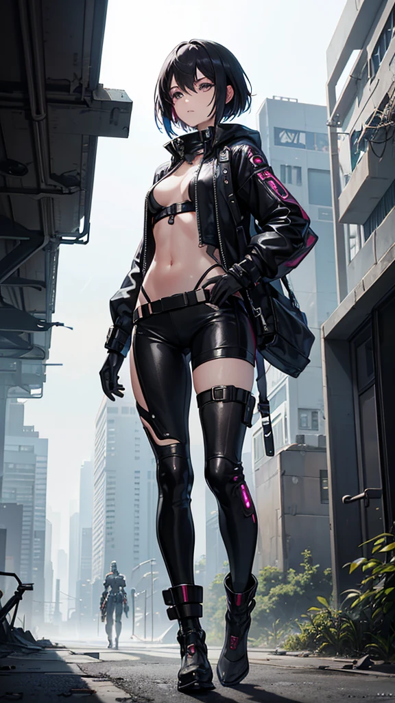 futuristic wanderer woman in a cyberpunk attire, cute, showing navel, exploring a barren wasteland in a post-apocalyptic setting, dilapidated urbanscape, spaceship in the background, grim expression, scared expression