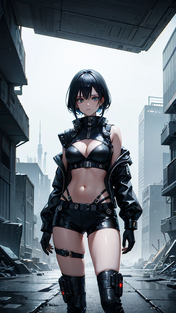 futuristic wanderer woman in a cyberpunk attire, cute, showing navel, exploring a barren wasteland in a post-apocalyptic setting, dilapidated urbanscape, spaceship in the background, grim expression, scared expression